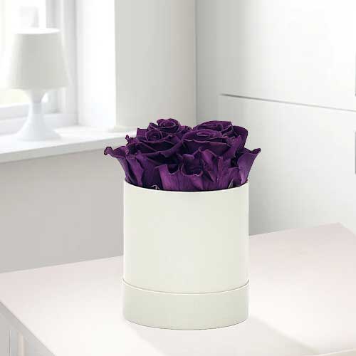 4 Long Lasting Purple Roses In A Hat Box